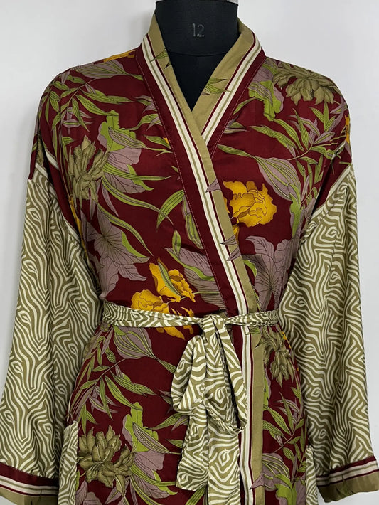 Recycle Silk Sari Women Kimono | Boho Chic Robe House | Beach Cover Up Vintage Bridesmaid Lounge Dressing Gown l Resort Wear Gypsy Nightwear