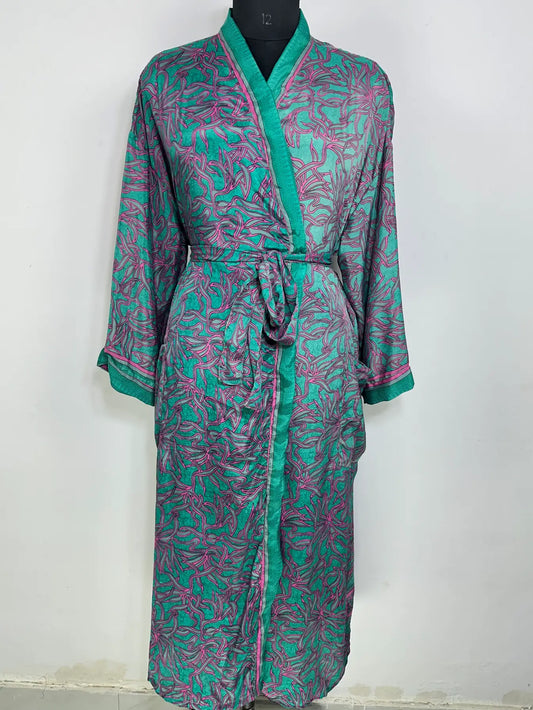 Recycle Silk Sari Women Kimono | Boho Chic Robe House | Beach Cover Up Vintage Bridesmaid Lounge Dressing Gown l Resort Wear Gypsy Nightwear
