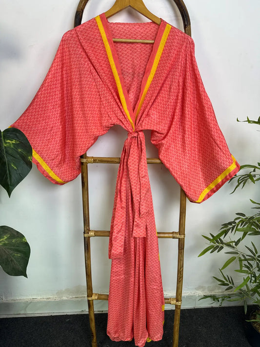 Upcycle Boho Silk Long Women kimono, Boho Chic Robe House Beach Cover Up Vintage Bridesmaid Lounge Dressing Gown Resort Wear Gypsy Nightwear