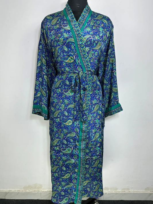 Recycle Silk Sari Women Kimono | Boho Chic Robe House | Beach Cover Up Vintage Bridesmaid Lounge Dressing Gown l Resort Wear Gypsy Nightwear