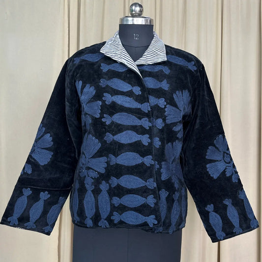 Boho Hand Embroidered Velvet Suzani Jacket, Black Floral Open Front Coat Winter Wear Free Size Robe Retro Chic Free Size Robe Blazer for Her