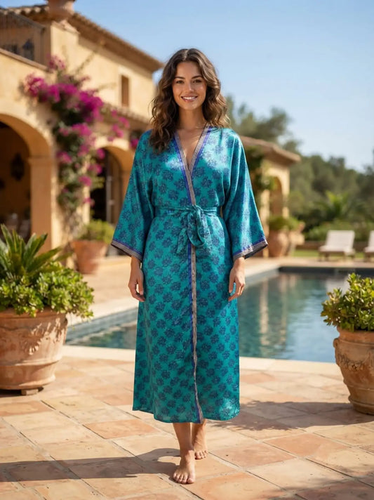 Upcycle Boho Silk Long Women kimono, Boho Chic Robe House Beach Cover Up Vintage Bridesmaid Lounge Dressing Gown Resort Wear Gypsy Nightwear