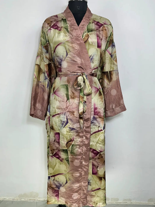 Recycle Silk Sari Women Kimono | Boho Chic Robe House | Beach Cover Up Vintage Bridesmaid Lounge Dressing Gown l Resort Wear Gypsy Nightwear