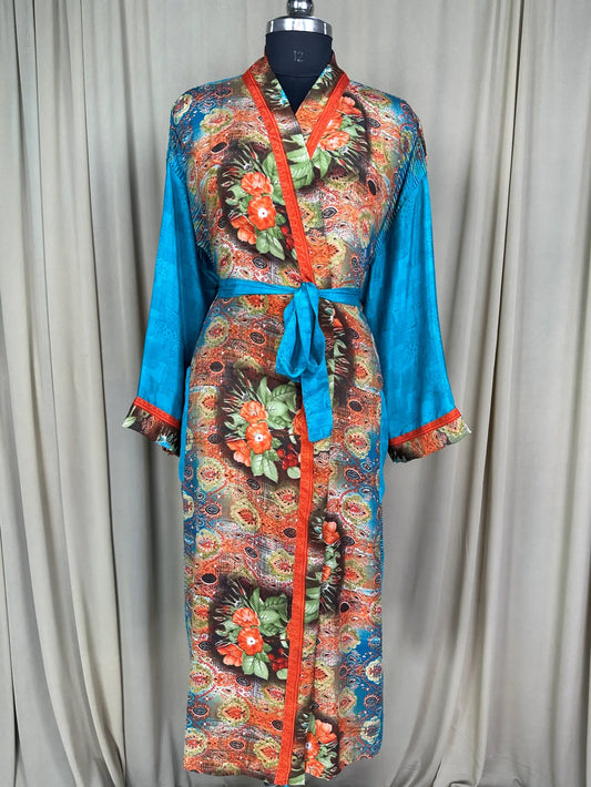 Recycle Silk Sari Women Kimono | Boho Chic Robe House, Beach Cover Up Vintage Bridesmaid Lounge Dressing Gown l Resort Wear Gypsy Nightwear