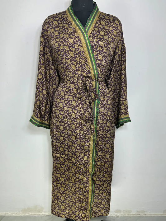 Recycle Silk Sari Women Kimono | Boho Chic Robe House | Beach Cover Up Vintage Bridesmaid Lounge Dressing Gown l Resort Wear Gypsy Nightwear