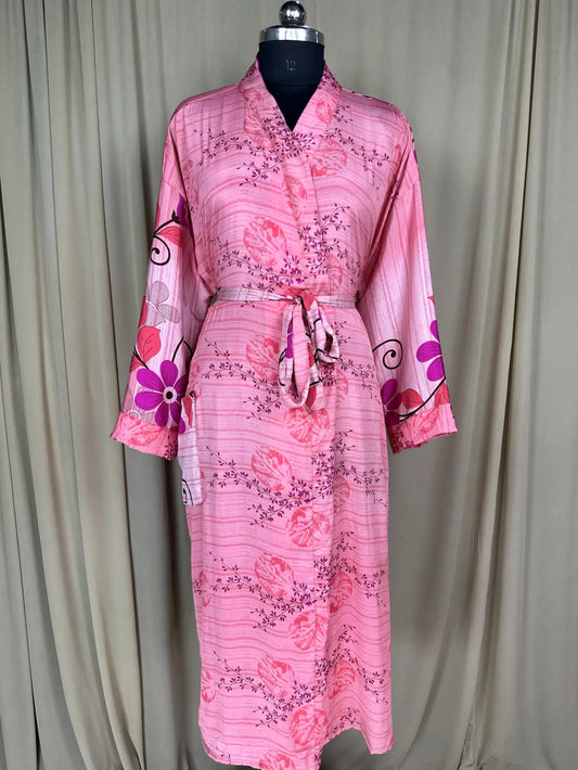 Recycle Silk Sari Women Kimono | Boho Chic Robe House, Beach Cover Up Vintage Bridesmaid Lounge Dressing Gown l Resort Wear Gypsy Nightwear