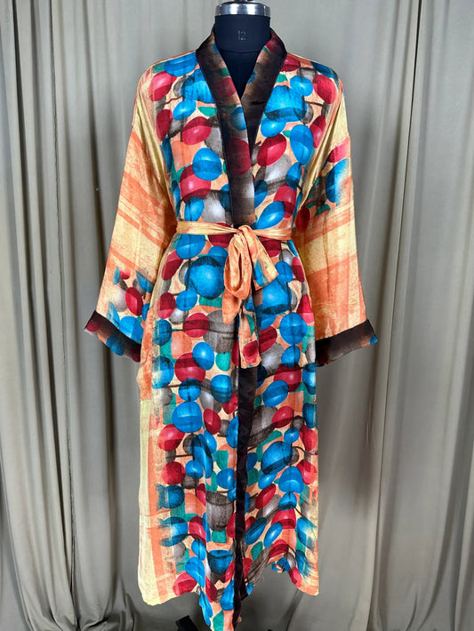 Recycle Silk Sari Women Kimono, Boho Chic Beach Cover Up Vintage Lounge Dressing Robe l Resort Wear Regal Gypsy House Robe Yellow Geometric