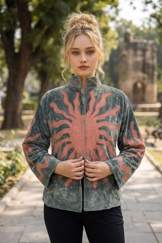 Boho Velvet Suzani Jacket Hand Embroidered | Open Front Coat Winter Wear Free Size Robe | Retro Chic smoking jacket — Blazer Gift for Her