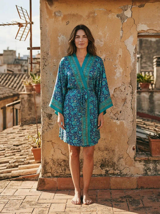 Vintage Silk Sari Boho Kimono | Luxury Loungewear House Robe Flowy Gown, Regal Floral Romance Duster Beach CoverUp, Bridesmaid Dressing Gown