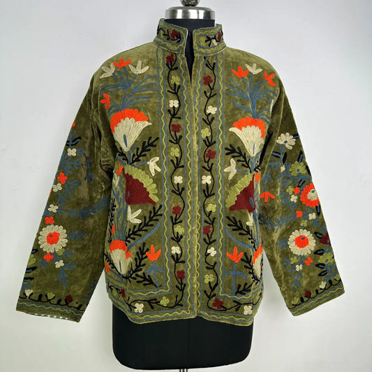 Boho Velvet Suzani Jacket Hand Embroidered | Open Front Coat Winter Wear Free Size Robe | Retro Chic smoking jacket — Blazer Gift for Her