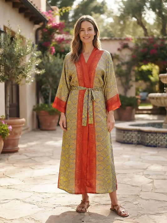 Upcycle Boho Silk Long Women kimono, Boho Chic Robe House Beach Cover Up Vintage Bridesmaid Lounge Dressing Gown Resort Wear Gypsy Nightwear