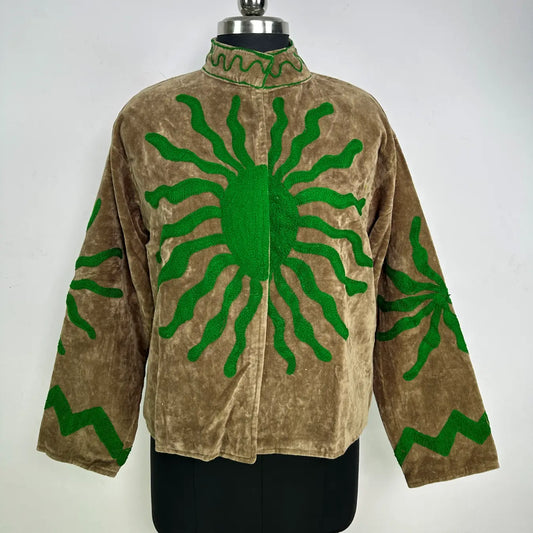 Boho Velvet Suzani Jacket Hand Embroidered | Open Front Coat Winter Wear Free Size Robe | Retro Chic smoking jacket — Blazer Gift for Her