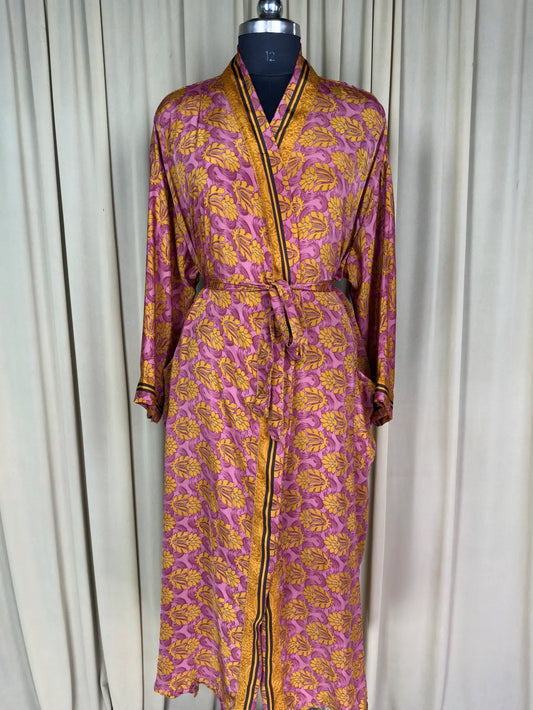 Recycle Silk Sari Women Kimono | Boho Chic Beach Cover Up Vintage Lounge Dressing Robe l Resort Wear Regal Gypsy House Robe | Pink Floral