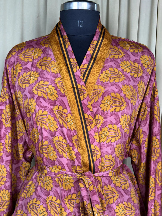 Recycle Silk Sari Women Kimono | Boho Chic Beach Cover Up Vintage Lounge Dressing Robe l Resort Wear Regal Gypsy House Robe | Pink Floral