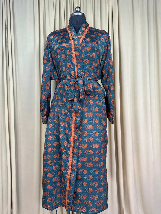 Recycle Silk Sari Women Kimono | Boho Chic Beach Cover Up Vintage Lounge Dressing Robe l Resort Wear Regal Gypsy House Robe | Blue Floral
