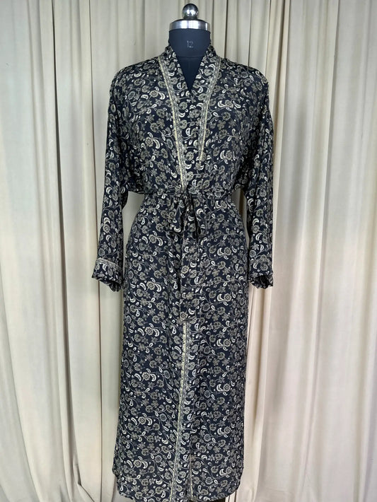 Recycle Silk Sari Women Kimono | Boho Chic Beach Cover Up Vintage Lounge Dressing Robe l Resort Wear Regal Gypsy House Robe | Black Floral