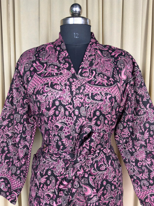 Yak Wool Blend Women Kimono Robe, Cozy Warm Winter Romance Loungewear | Black Floral Cardigan House Coat with Pockets, Quirky Christmas Gift