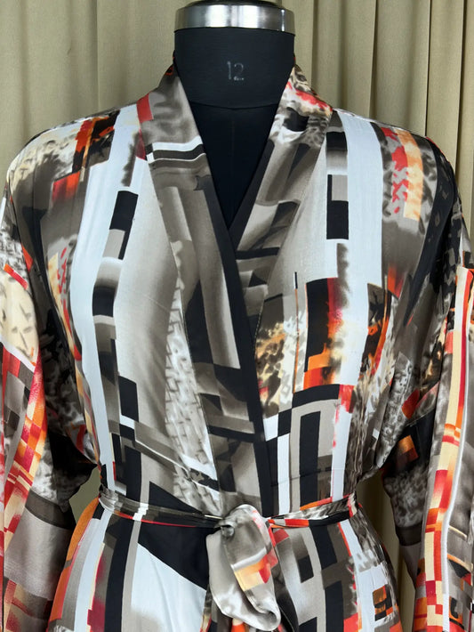 Recycle Silk Sari Women Kimono | Boho Chic Beach Cover Up Vintage Lounge Dressing Robe l Resort Wear Regal Gypsy House Robe, White Geometric