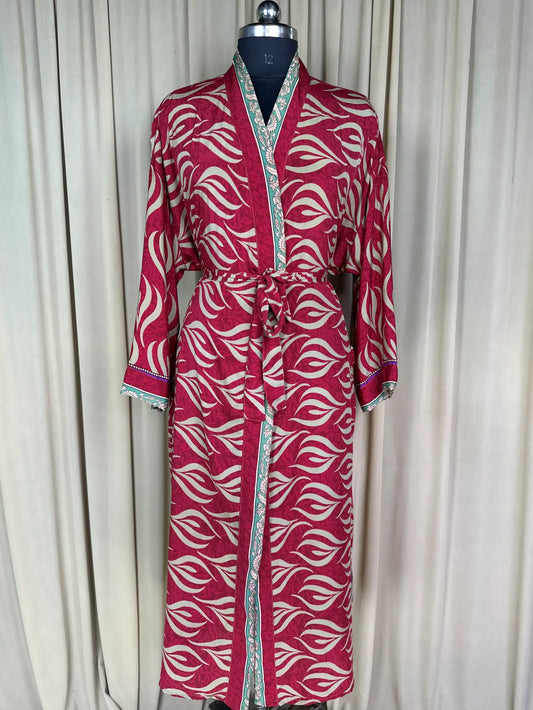 Recycle Silk Sari Women Kimono | Boho Chic Beach Cover Up Vintage Lounge Dressing Robe l Resort Wear Regal Gypsy House Robe | Red Floral