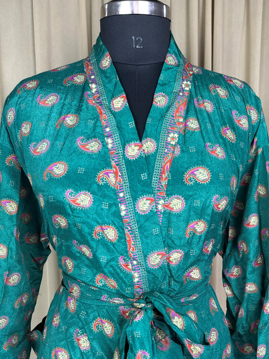 Recycle Silk Sari Women Kimono | Boho Chic Beach Cover Up Vintage Lounge Dressing Robe l Resort Wear Regal Gypsy House Robe, Green Paisley
