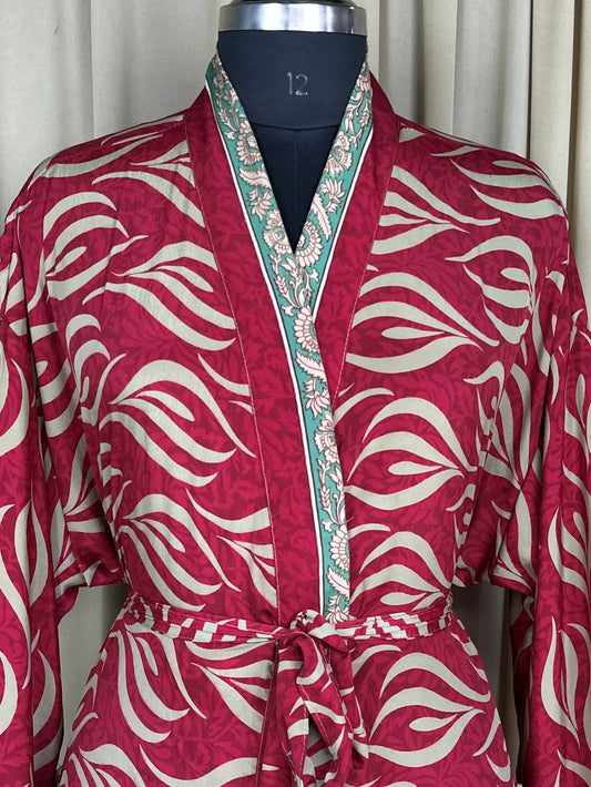 Recycle Silk Sari Women Kimono | Boho Chic Beach Cover Up Vintage Lounge Dressing Robe l Resort Wear Regal Gypsy House Robe | Red Floral