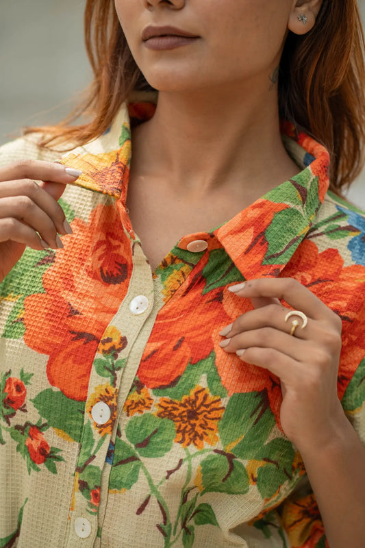 Handblock Printed Cotton Waffle Dress for Women, Floral Boho Midi Long Summer Tunic | Soft Color, Button Closure | Ethical Gift for Her Mom