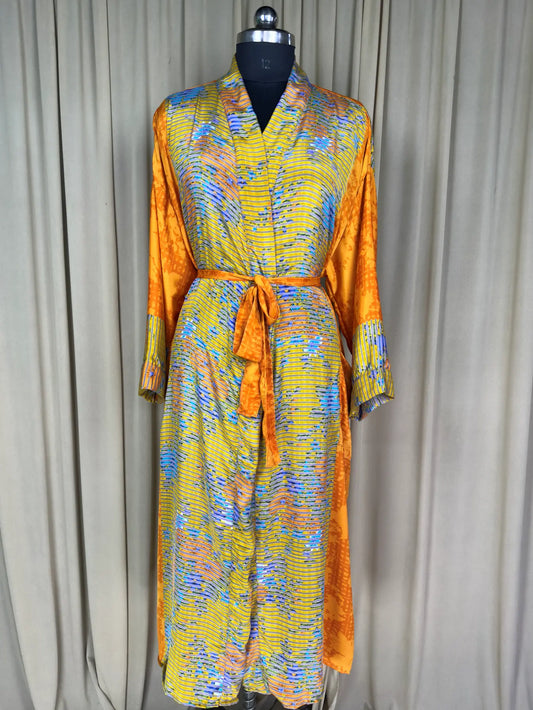 Recycle Silk Sari Women Kimono | Boho Chic Beach Cover Up Vintage Lounge Dressing Robe l Resort Wear Regal Gypsy House Robe | Yellow Floral