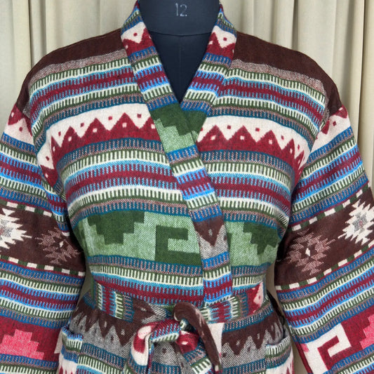Wool Blend Women Kimono, Winter House Robe Warm Cozy Jacket Short Dressing Loungewear Geometric Cardigan, Handmade Mom Gift Someone Special
