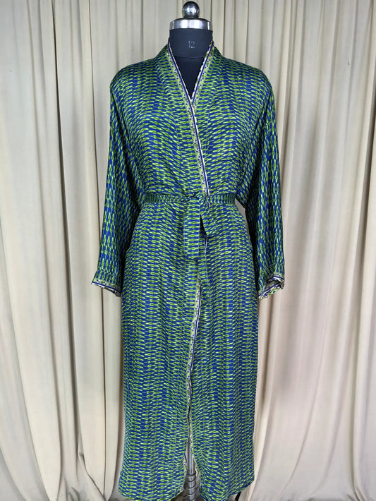 Recycle Silk Sari Women Kimono | Boho Chic Beach Cover Up Vintage Lounge Dressing Robe l Resort Wear Regal Gypsy House Robe, Blue Geometric