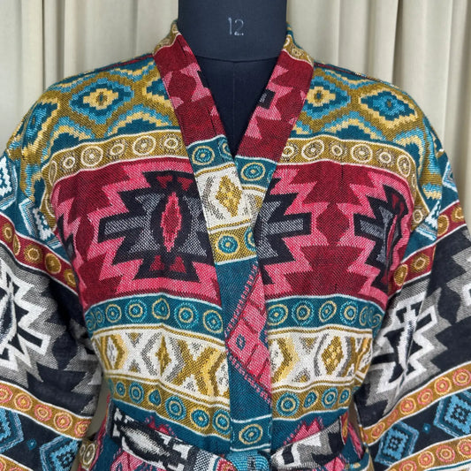 Wool Blend Women Kimono, Winter House Robe Warm Cozy Jacket Short Dressing Loungewear Geometric Cardigan, Handmade Mom Gift Someone Special