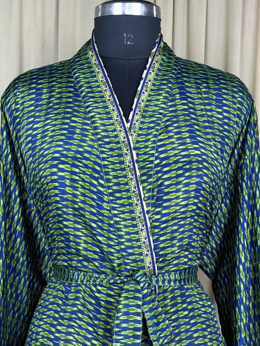 Recycle Silk Sari Women Kimono | Boho Chic Beach Cover Up Vintage Lounge Dressing Robe l Resort Wear Regal Gypsy House Robe, Blue Geometric