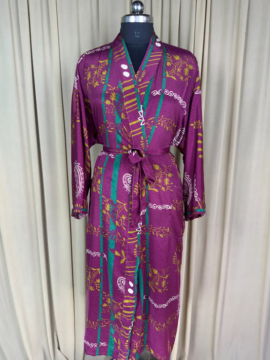 Recycle Silk Sari Women Kimono | Boho Chic Beach Cover Up Vintage Lounge Dressing Robe l Resort Wear Regal Gypsy House Robe | Purpel Floral