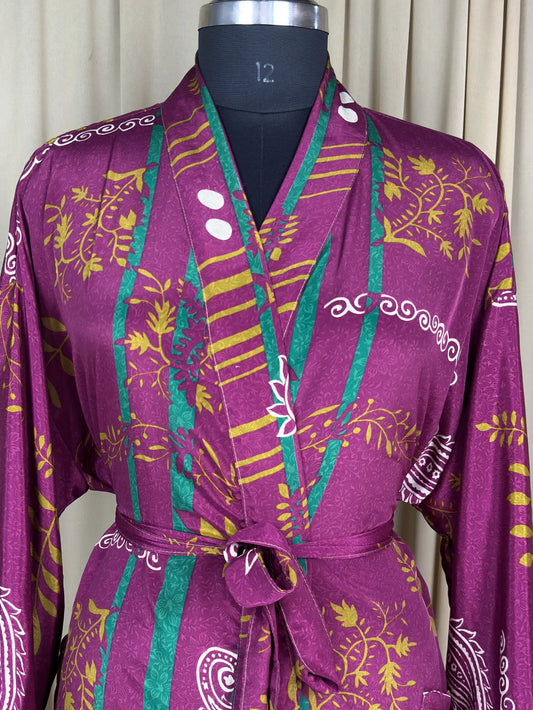 Recycle Silk Sari Women Kimono | Boho Chic Beach Cover Up Vintage Lounge Dressing Robe l Resort Wear Regal Gypsy House Robe | Purpel Floral