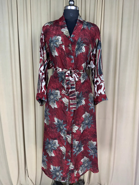Recycle Silk Sari Women Kimono | Boho Chic Beach Cover Up Vintage Lounge Dressing Robe l Resort Wear Regal Gypsy House Robe | Red Floral