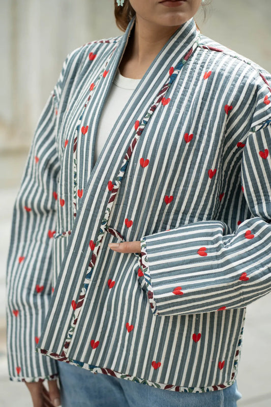 Quilted Short Bohemian Jacket for Women | Quirky Handmade Gray White Heart Print | Front Open Cotton Jacket | Anniversary Love Gift for Her