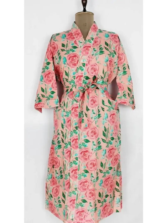 Robe de maison indienne imprimée à la main en pur coton Kimono d’été | Peach Rose Blossom Beach Coverup/Maman de maternité confortable