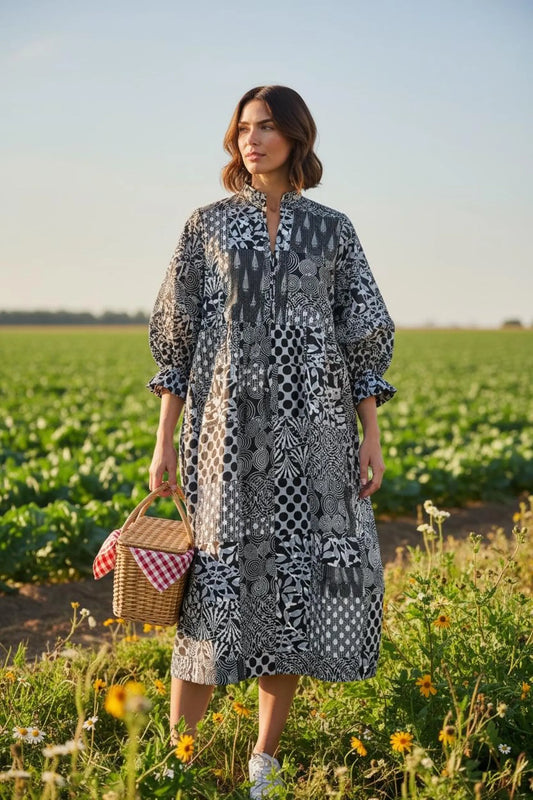 Black Patchwork Cotton Dress: Hand-Stitched Block Print, Fits XXL