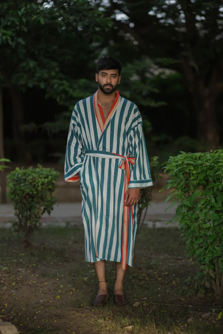 Menâ€™s Long Cotton Kimono Robe, Striped and Reversible, Boho Loungewear with Pockets, One Size Breathable Lightweight Beach Resort Spa Outfit