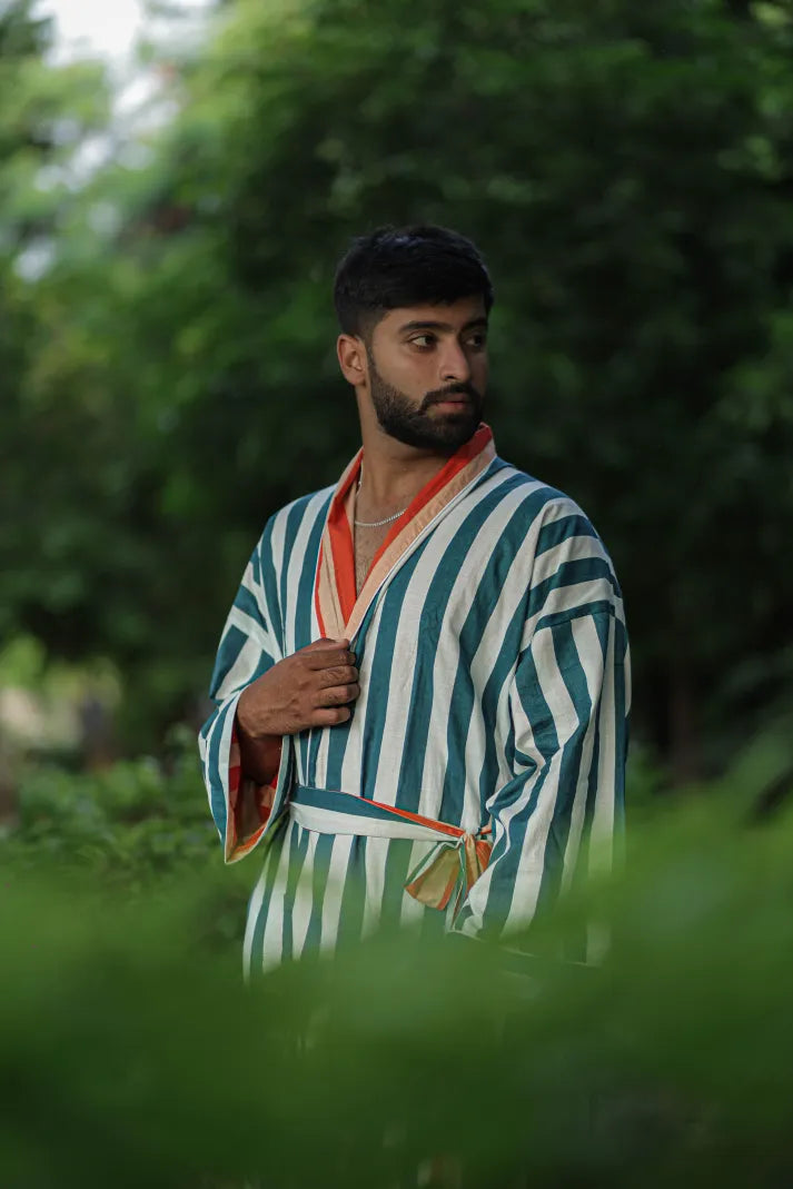 Menâ€™s Long Cotton Kimono Robe, Striped and Reversible, Boho Loungewear with Pockets, One Size Breathable Lightweight Beach Resort Spa Outfit