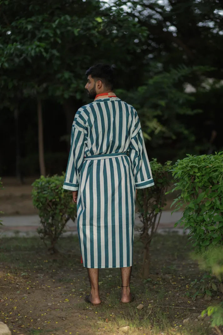 Menâ€™s Long Cotton Kimono Robe, Striped and Reversible, Boho Loungewear with Pockets, One Size Breathable Lightweight Beach Resort Spa Outfit
