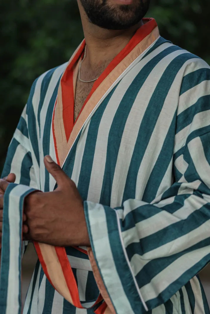 Menâ€™s Long Cotton Kimono Robe, Striped and Reversible, Boho Loungewear with Pockets, One Size Breathable Lightweight Beach Resort Spa Outfit