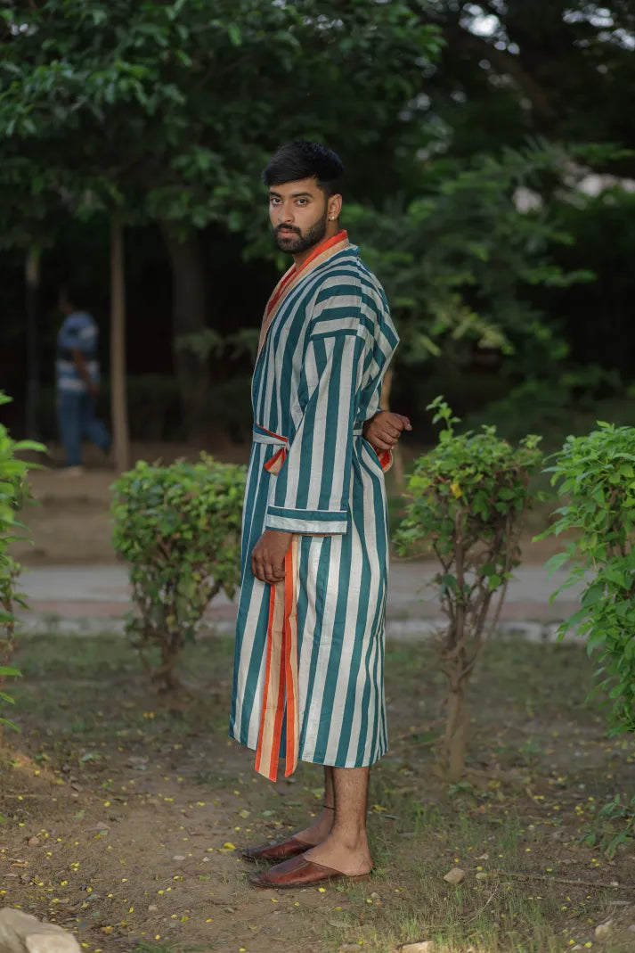 Menâ€™s Long Cotton Kimono Robe, Striped and Reversible, Boho Loungewear with Pockets, One Size Breathable Lightweight Beach Resort Spa Outfit