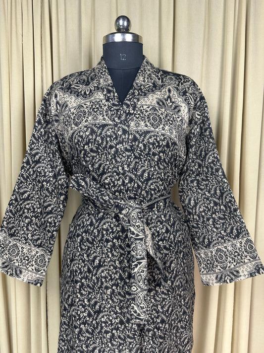 Yak Wool Blend Women Kimono Robe, Cozy Warm Winter Romance Loungewear | Black Floral Cardigan House Coat with Pockets, Quirky Christmas Gift