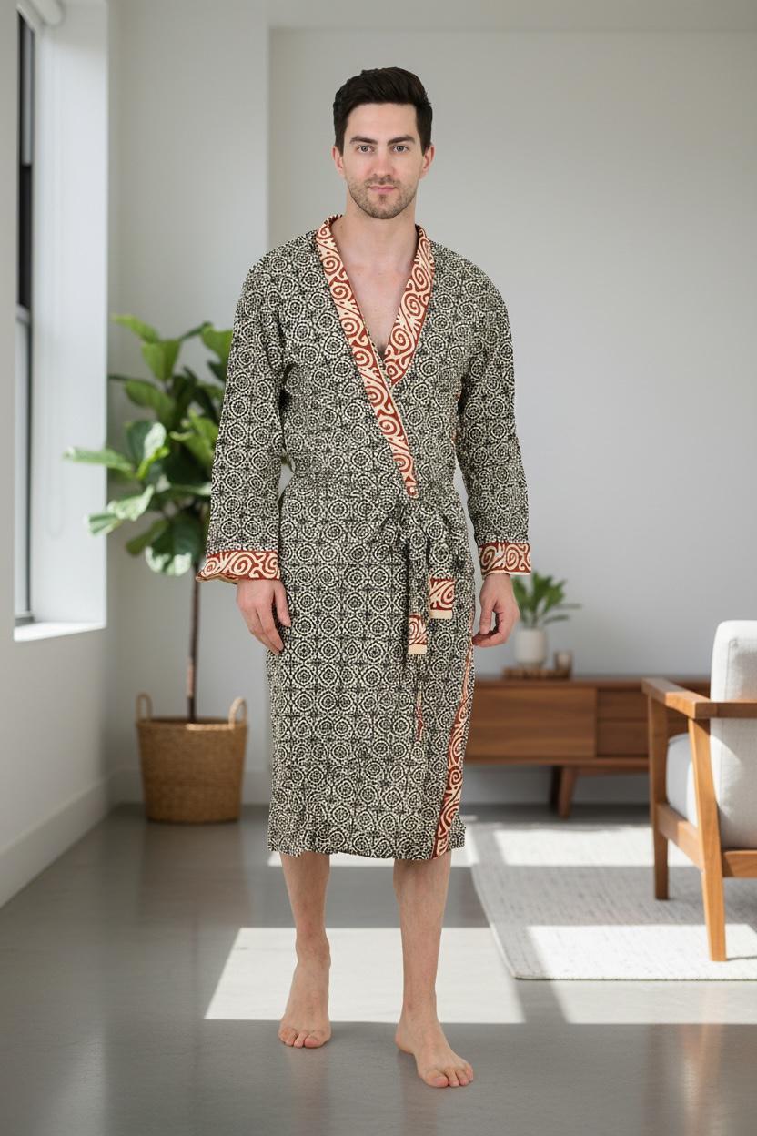Men's block-printed Cotton Kimono Robe