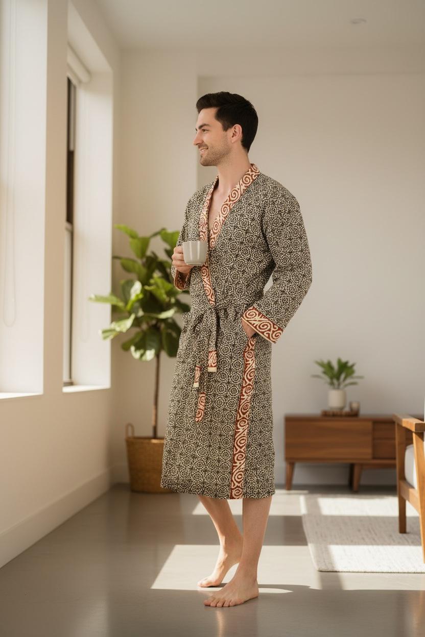 Men's block-printed Cotton Kimono Robe