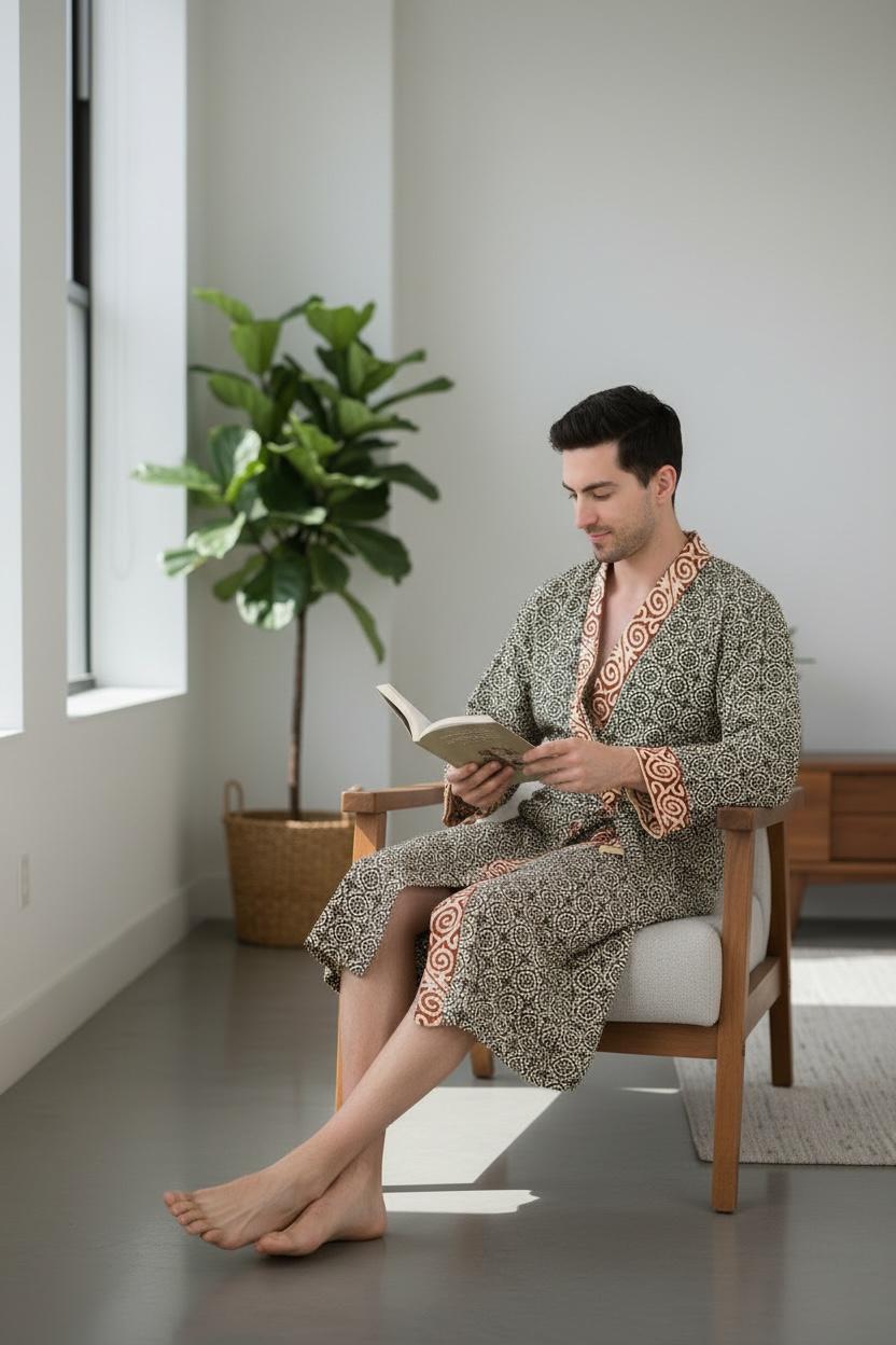 Men's block-printed Cotton Kimono Robe