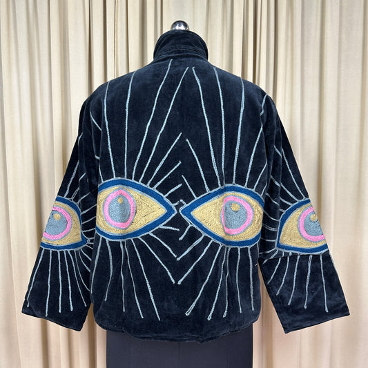 Boho Hand Embroidered Velvet Suzani Jacket | Black Geometric Open Front Coat Winter Wear Free Size Retro Chic Free Size Robe Blazer for Her