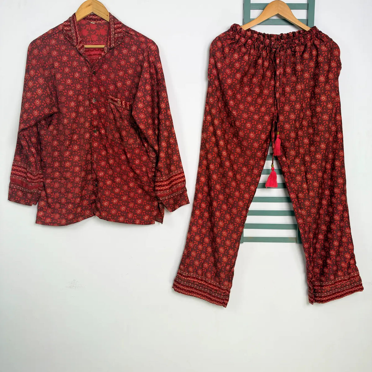 Recycled Silk Sari Pajama Set, Handmade Silk Blend Sleepwear with Pockets, Button Down Top, Drawstring Pants, Boho Gift for Her