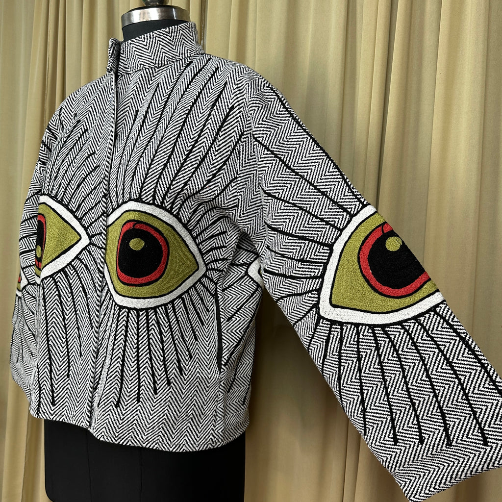Women's Suzani embroidered Cotton Jacket in white geometric