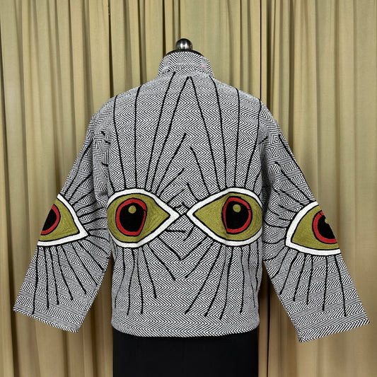 Boho Hand Embroidered Cotton Suzani Jacket | White Geometric Open Front Coat Winter Wear Free Size Retro Chic Free Size Robe Blazer for Her